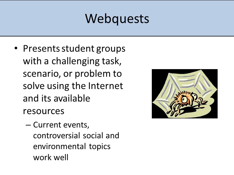 Webquests Presents student groups with a challenging task, scenario, or problem to solve using